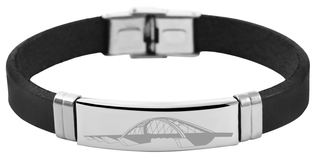 Hochwertiges Armband aus Echtleder mit Edelstahl Gravurschnalle und einer Gravur der Fehmarnsundbrücke. 
